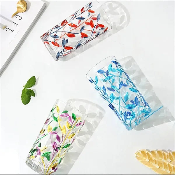 11oz Painted Leaf Pattern Glass Cup