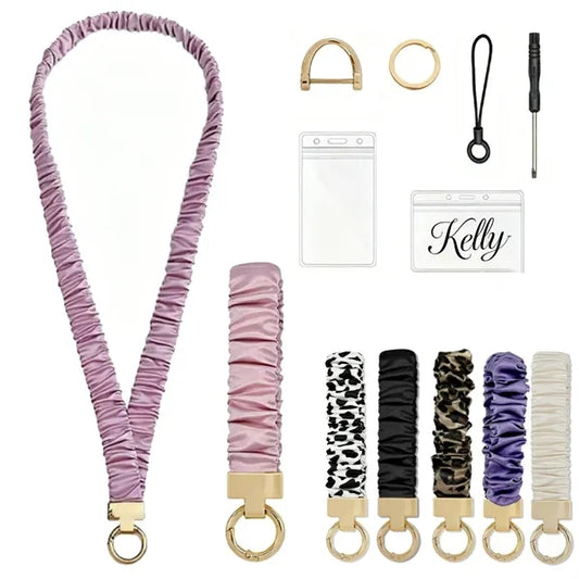 Pleated Polyester Neck Lanyard Wristlet Set w/ ID Holder