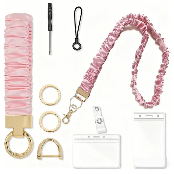 Pleated Polyester Neck Lanyard Wristlet Set w/ ID Holder