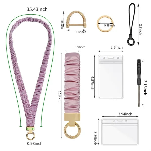 Pleated Polyester Neck Lanyard Wristlet Set w/ ID Holder