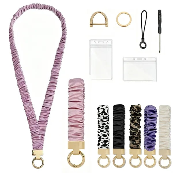 Pleated Polyester Neck Lanyard Wristlet Set w/ ID Holder
