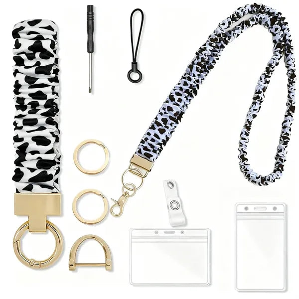 Pleated Polyester Neck Lanyard Wristlet Set w/ ID Holder