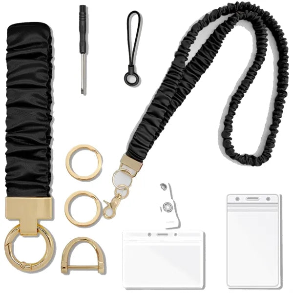Pleated Polyester Neck Lanyard Wristlet Set w/ ID Holder
