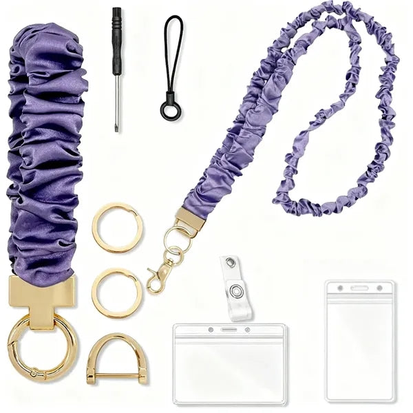 Pleated Polyester Neck Lanyard Wristlet Set w/ ID Holder