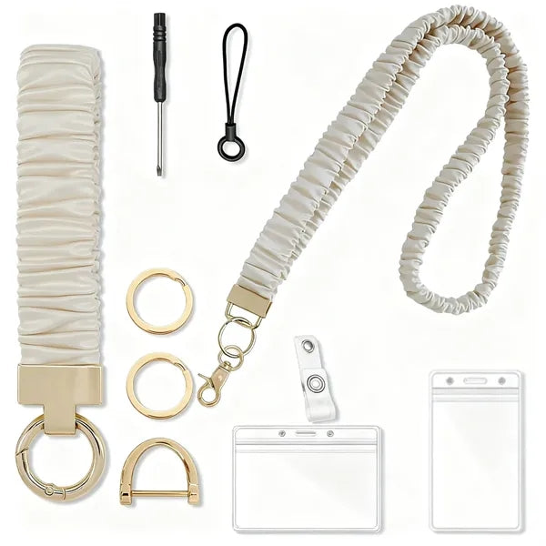 Pleated Polyester Neck Lanyard Wristlet Set w/ ID Holder
