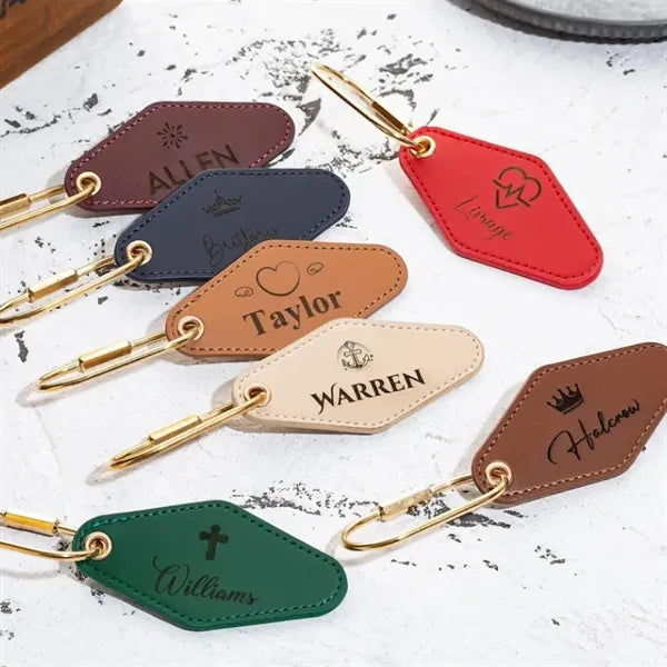 Vintage Diamond PU Leather Motel Key Tag With Gold Carabiner