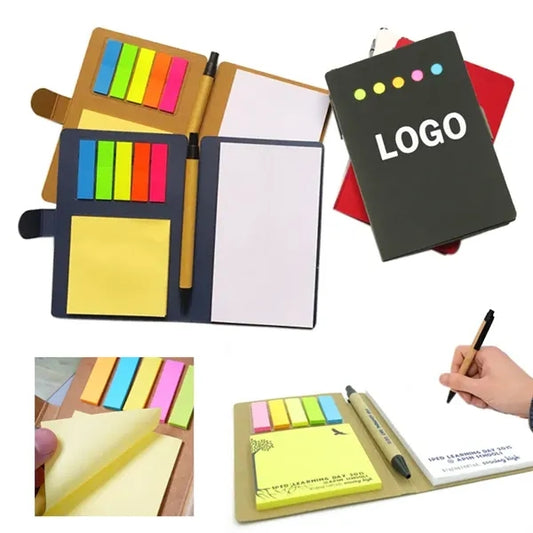 Notebook with pen and sticky notes