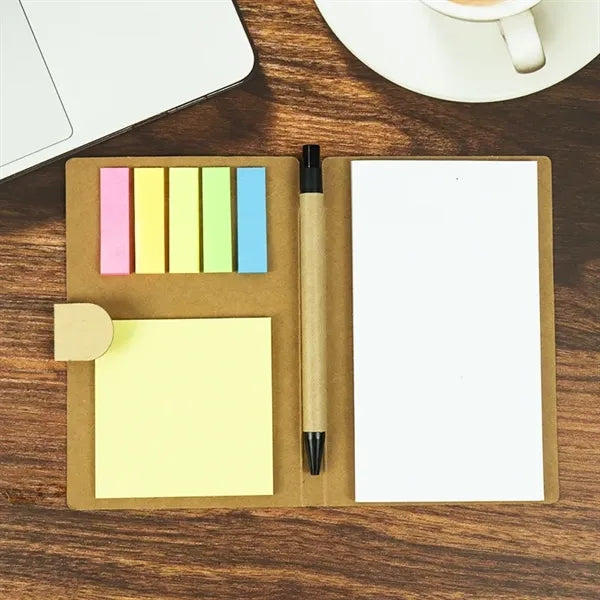Notebook with pen and sticky notes