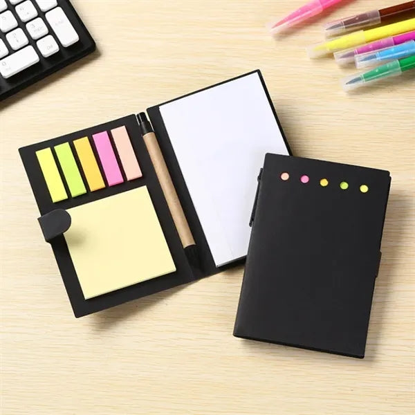 Notebook with pen and sticky notes