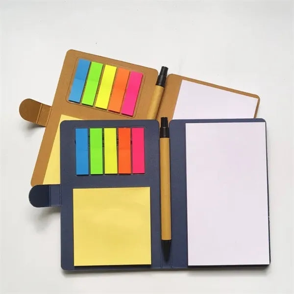 Notebook with pen and sticky notes