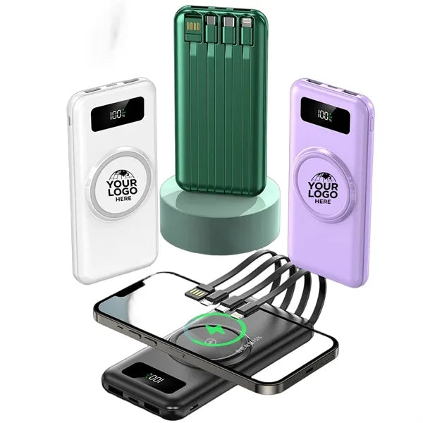 10000mAh Slim Wireless Power Bank with 4 Built-in Cables