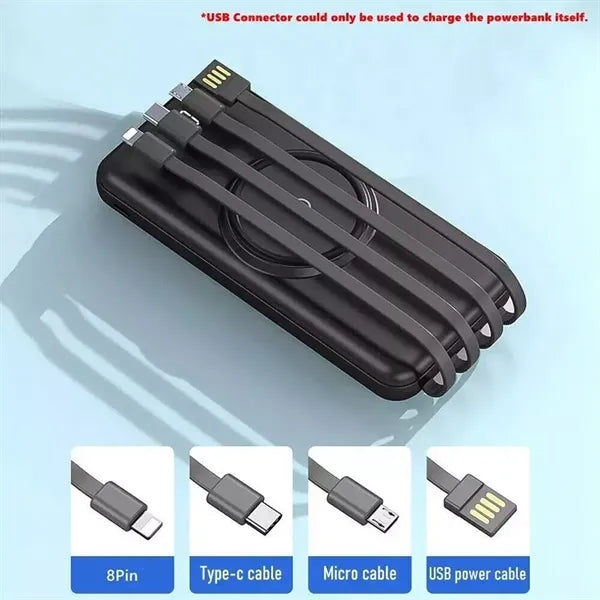 10000mAh Slim Wireless Power Bank with 4 Built-in Cables