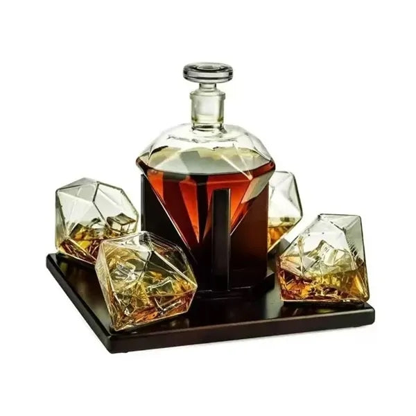 Whiskey Decanter Set Diamond Shape Glass Bottle with 4 Cups