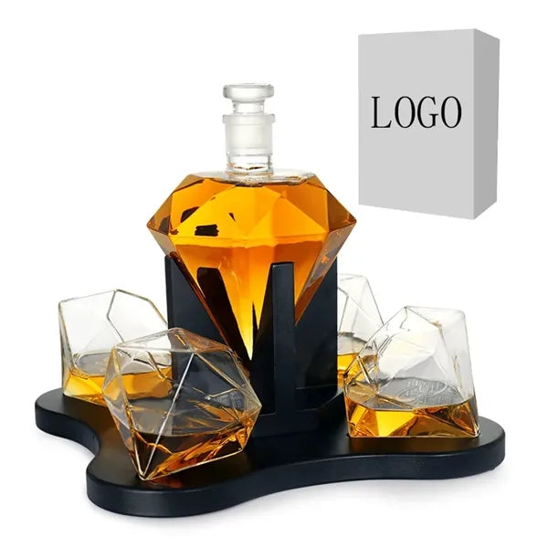 Whiskey Decanter Set Diamond Shape Glass Bottle with 4 Cups