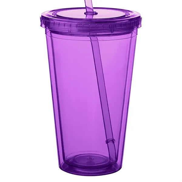 Double Wall Plastic Tumbler - with Straw, 16 oz.