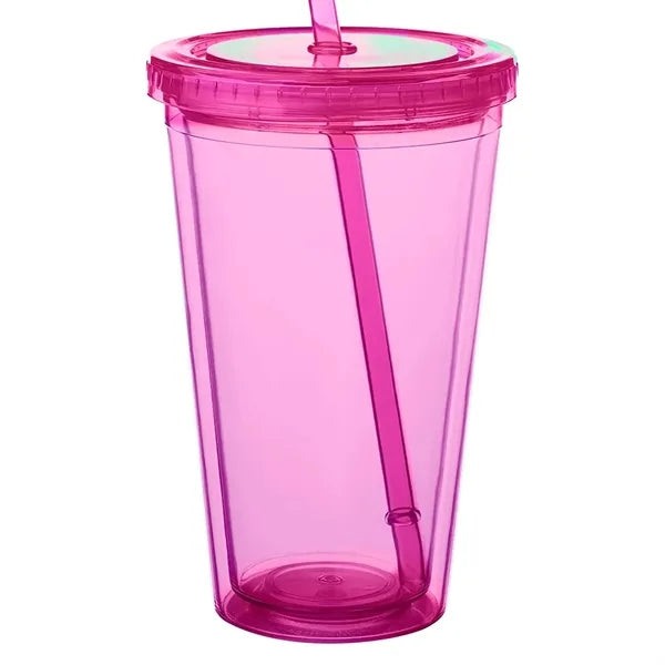 Double Wall Plastic Tumbler - with Straw, 16 oz.