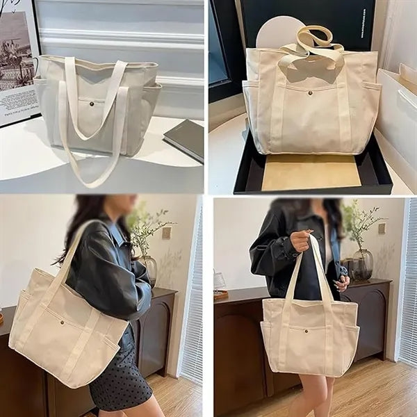 Travel work school multiple pockets large canvas tote bag