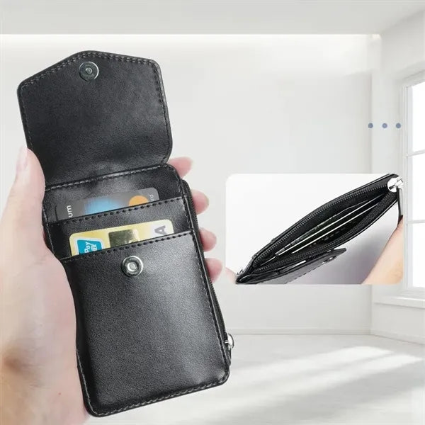 Universal Vegan Leather Zippered ID Card Wallet With Lanyard