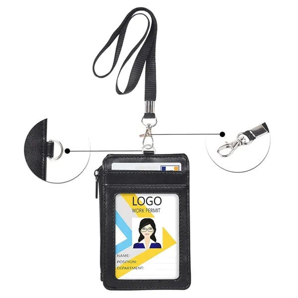 Universal Vegan Leather Zippered ID Card Wallet With Lanyard