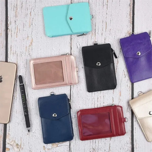 Universal Vegan Leather Zippered ID Card Wallet With Lanyard