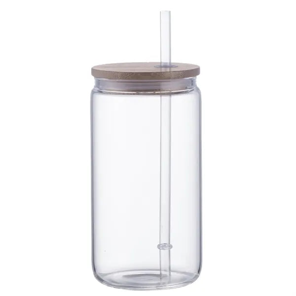 18 oz Can Glass with Bamboo Lid and Plastic Straw