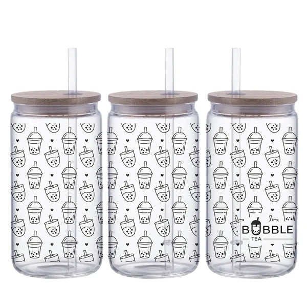 18 oz Can Glass with Bamboo Lid and Plastic Straw