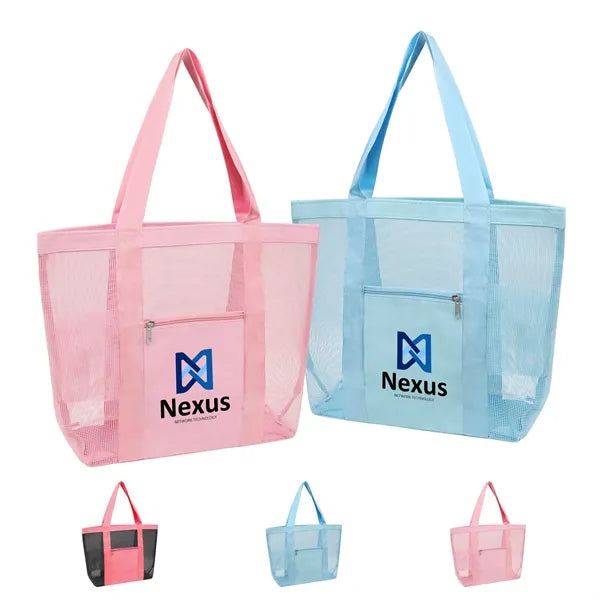 Large Mesh Beach Tote Bag With Pockets & Cup Holders