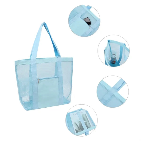 Large Mesh Beach Tote Bag With Pockets & Cup Holders
