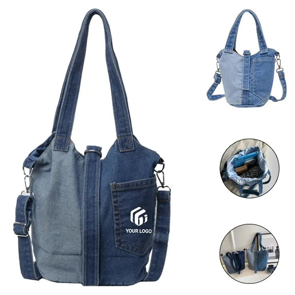 Stylish portable casual shoulder crossbody denim bucket bag