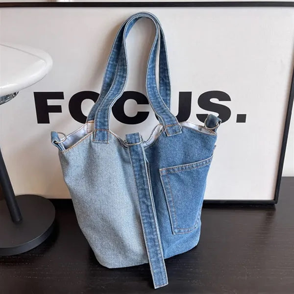 Stylish portable casual shoulder crossbody denim bucket bag