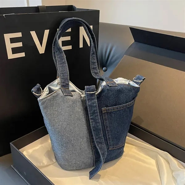 Stylish portable casual shoulder crossbody denim bucket bag