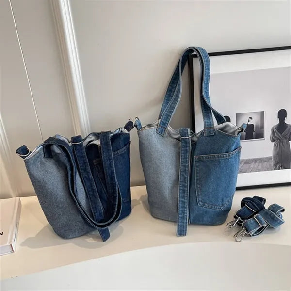 Stylish portable casual shoulder crossbody denim bucket bag