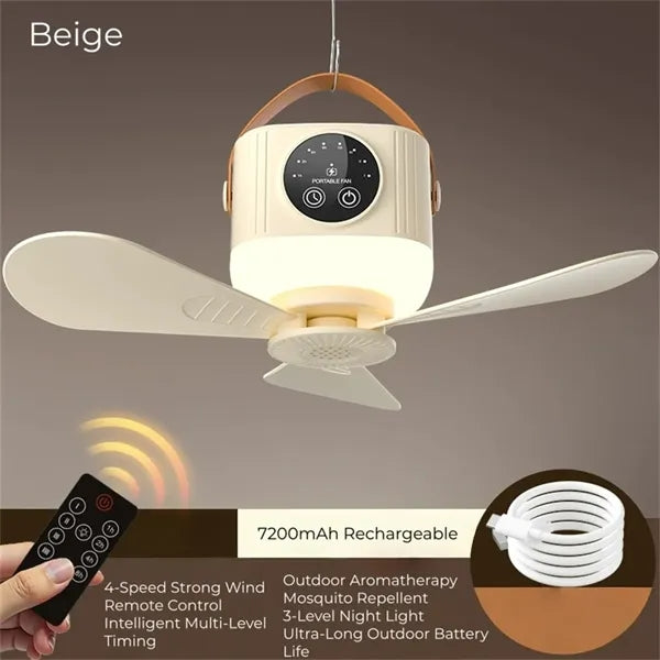 Camping Portable Hanging Fan Light 7200mAh Rechargeable