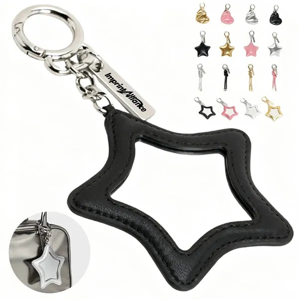 Star Shaped Leather Compact Mirror Keychain Bag Charm
