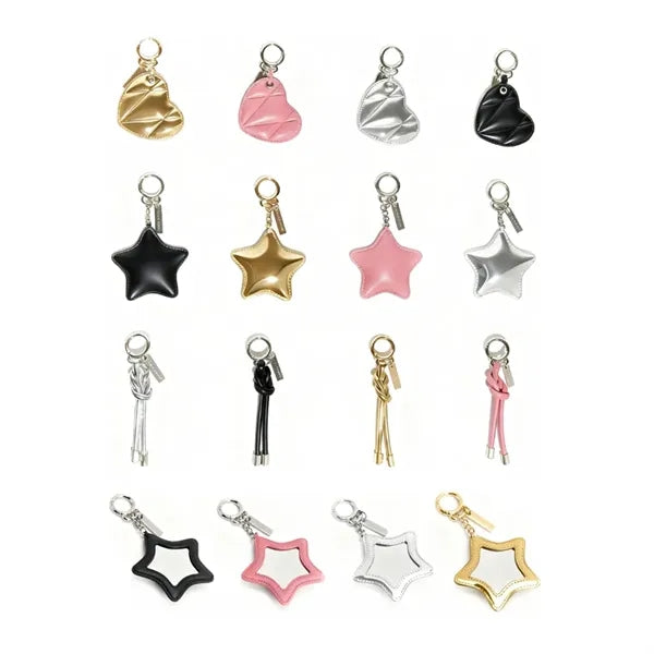 Star Shaped Leather Compact Mirror Keychain Bag Charm