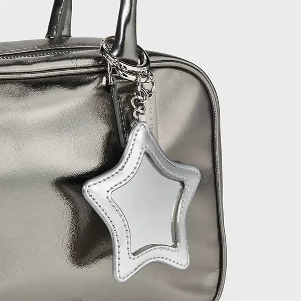 Star Shaped Leather Compact Mirror Keychain Bag Charm
