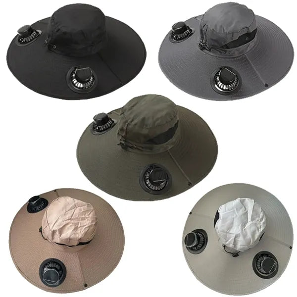 Wide Brim 2 Solar Fan Hat with Solar & USB Charging