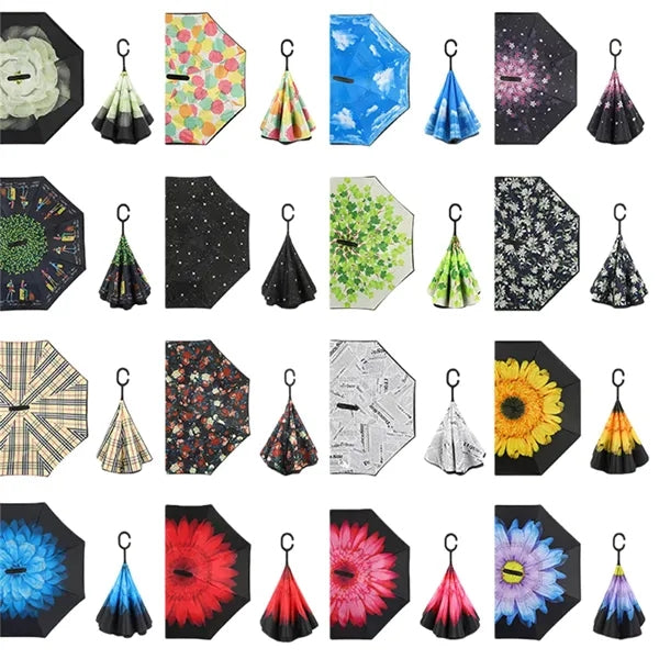 Reverse Folding Umbrella C-Handle Double Layer Sun Rain
