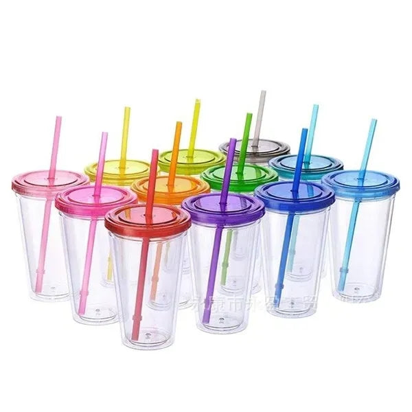 16 OZ Double Layered Plastic Straw Cup