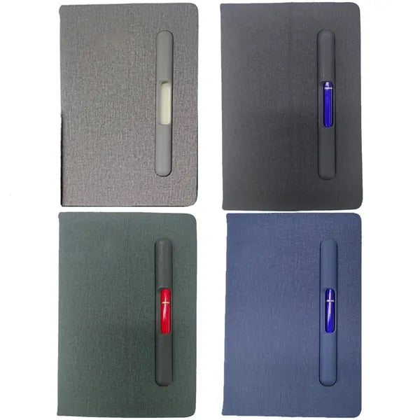 Hardcover Fabric Notepad w/Built-In Pen&Phone Stand
