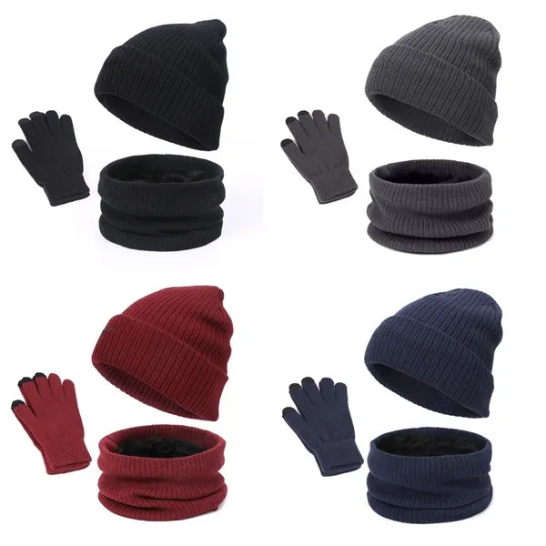 3-Piece Knit Fleece-Lined Hat Scarf Glove Set for Winter