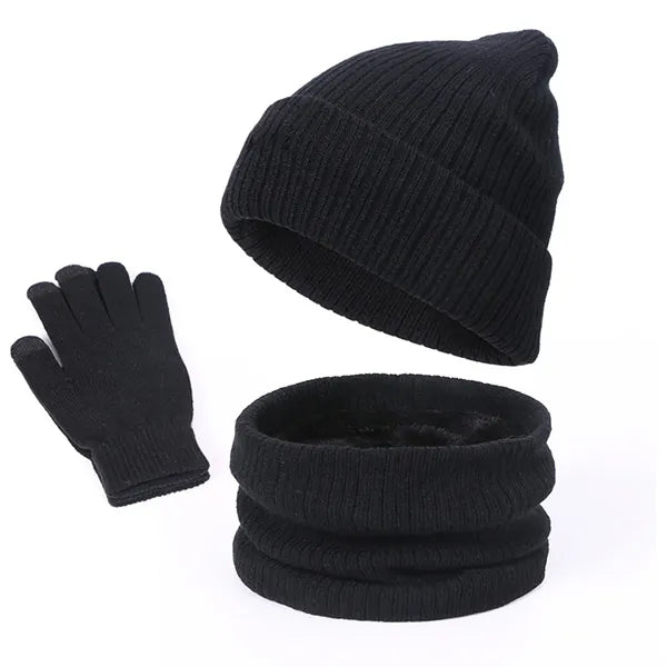 3-Piece Knit Fleece-Lined Hat Scarf Glove Set for Winter