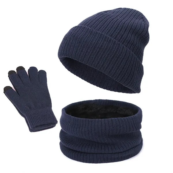 3-Piece Knit Fleece-Lined Hat Scarf Glove Set for Winter