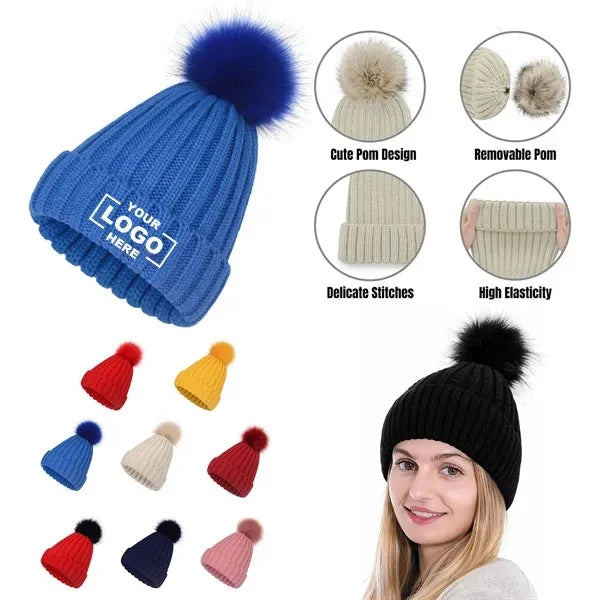 Cable Knit Beanie With Pom Removable