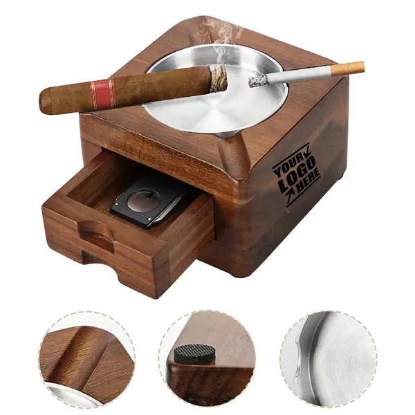 Wooden Cigar Ashtray Square Four Slot Holder Drawer
