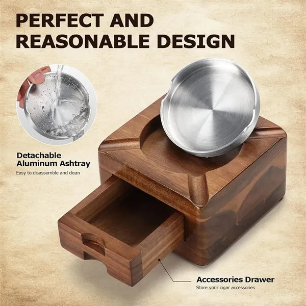 Wooden Cigar Ashtray Square Four Slot Holder Drawer