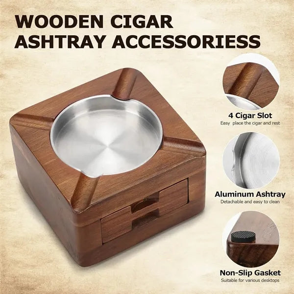 Wooden Cigar Ashtray Square Four Slot Holder Drawer