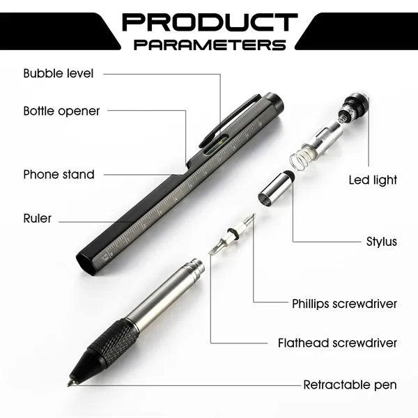 9 in 1 Multitool Pen LED Ruler Stylus Level Screwdrivers