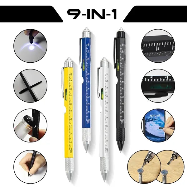 9 in 1 Multitool Pen LED Ruler Stylus Level Screwdrivers