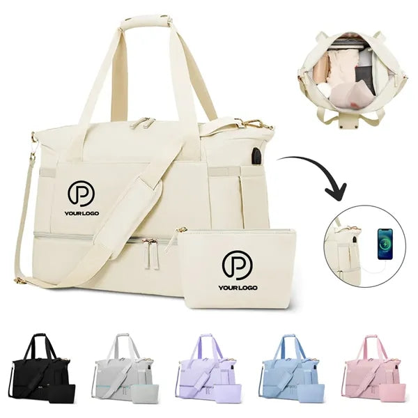 Large duffel bag with USB charging port for gym travel